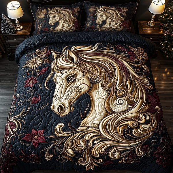 Elegant Golden Horse quilted 3-piece bedding set on a made bed in a rustic timber bedroom