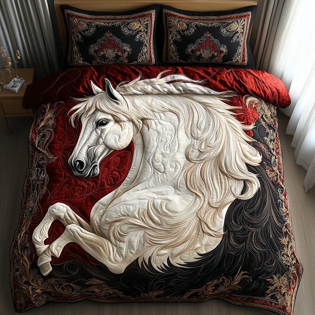 Elegant Horse Charm quilted 3-piece bedding set on a made bed in a rustic timber bedroom