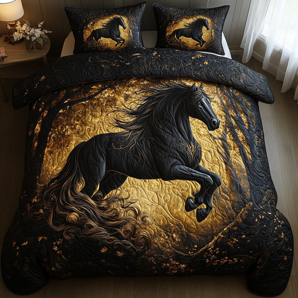 Elegant Horse Run quilted 3-piece bedding set on a made bed in a rustic timber bedroom