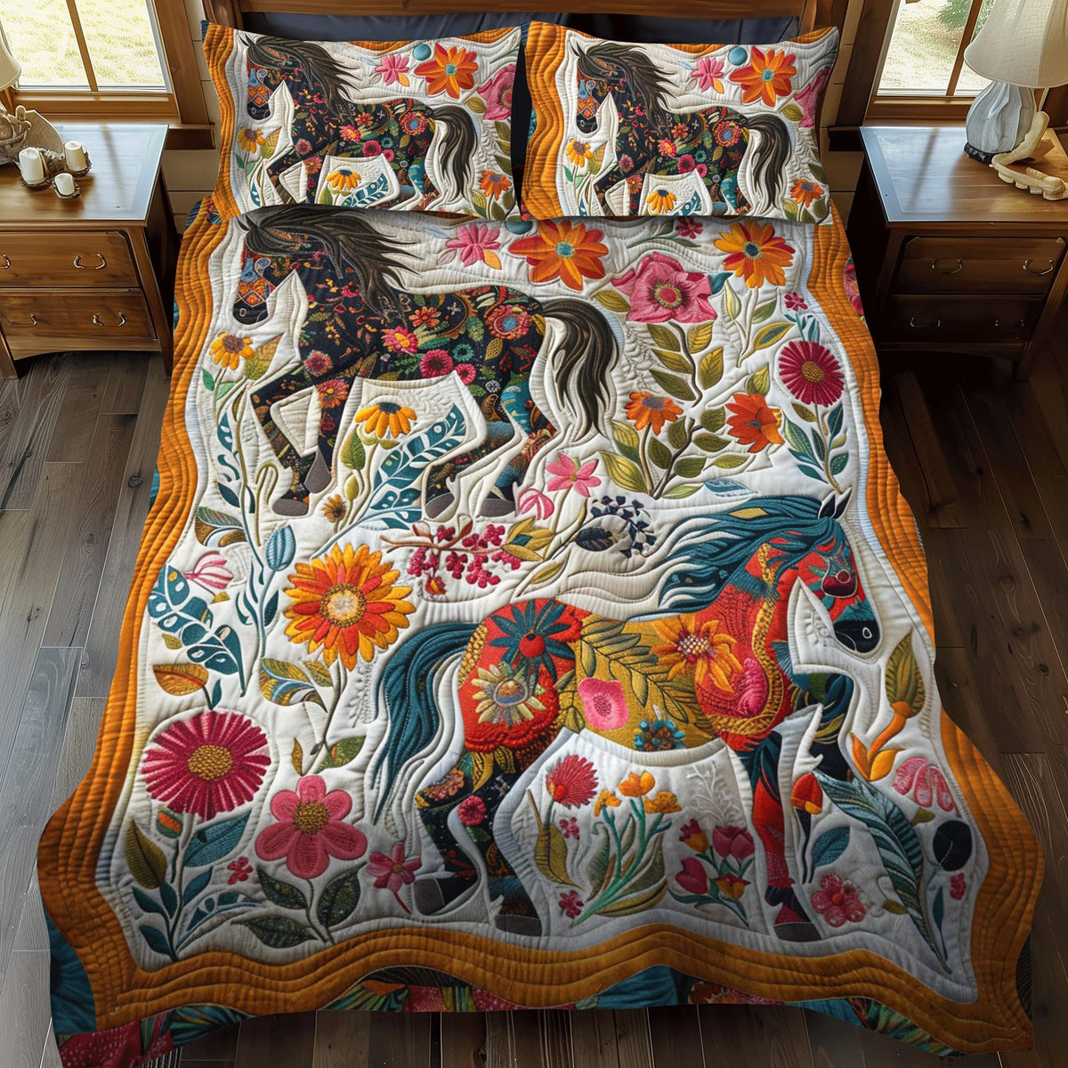 Elegant Horse Running quilted 3-piece bedding set on a made bed in a rustic timber bedroom