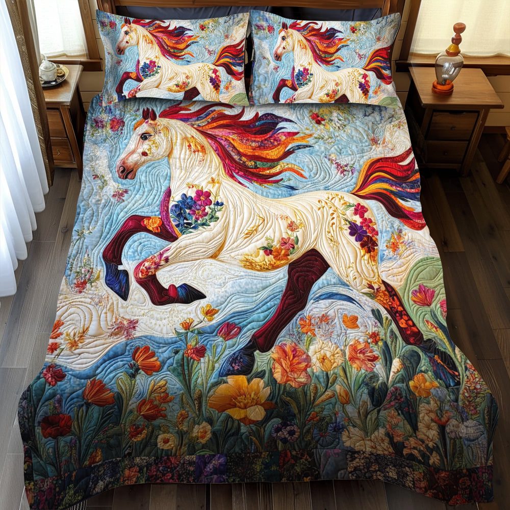 Elegant Horse Running quilted 3-piece bedding set on a made bed in a rustic timber bedroom