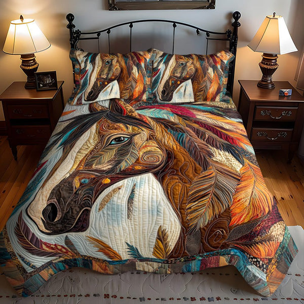 Elegant Horse Running quilted 3-piece bedding set on a made bed in a rustic timber bedroom