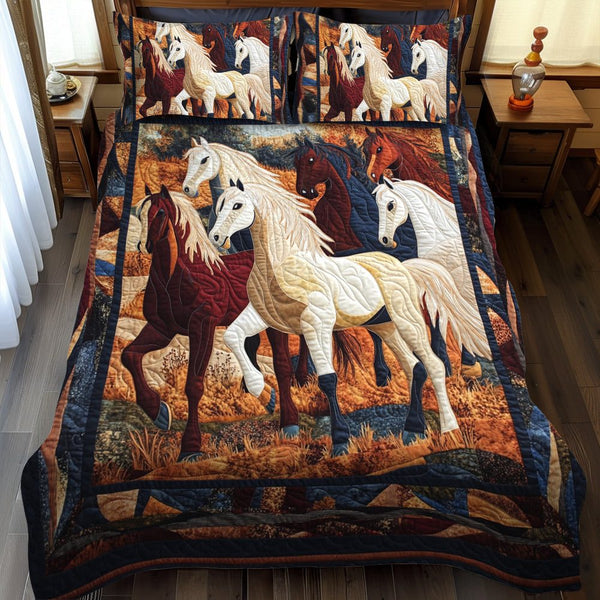 Elegant Horse Running quilted 3-piece bedding set on a made bed in a rustic timber bedroom