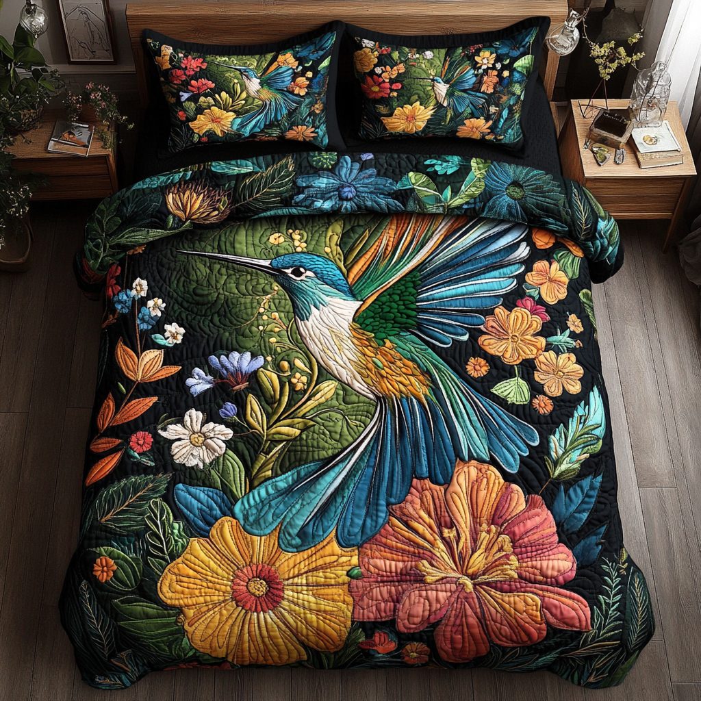 Elegant Hummingbird quilted 3-piece bedding set on a made bed with two matching pillow shams