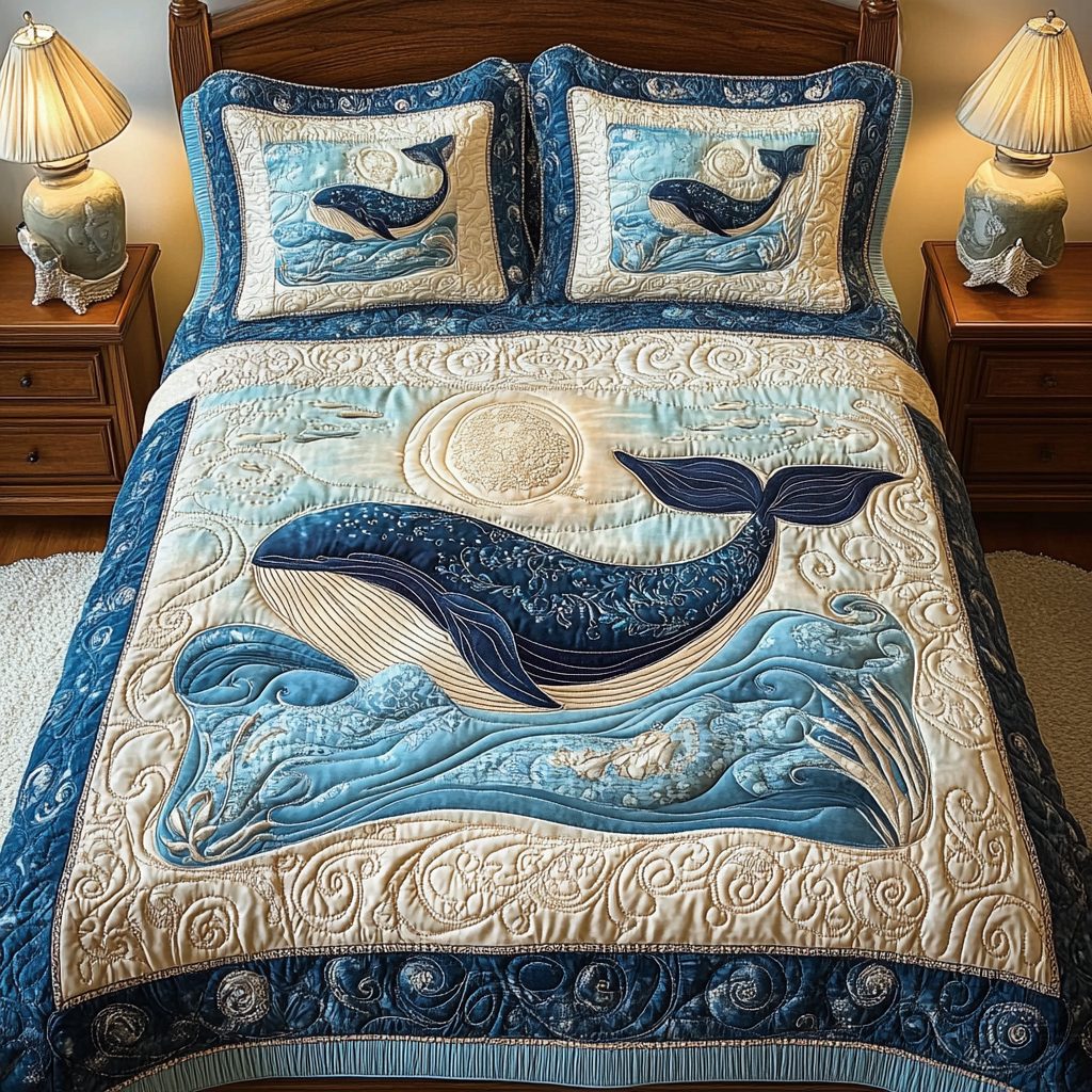 Elegant Lunar Whale quilted 3-piece bedding set on a made bed in a light coastal bedroom
