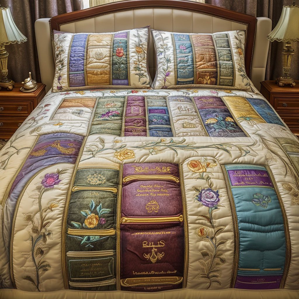 Elegant Pages quilted 3-piece bedding set on a made bed with two matching pillow shams