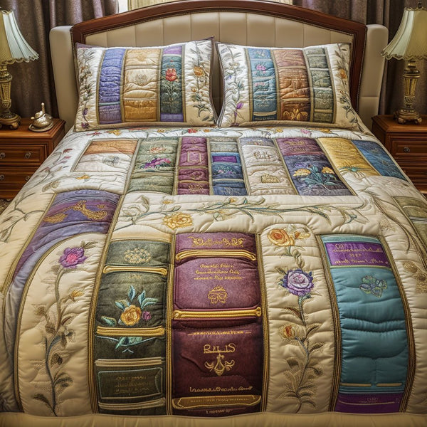 Elegant Pages quilted 3-piece bedding set on a made bed with two matching pillow shams