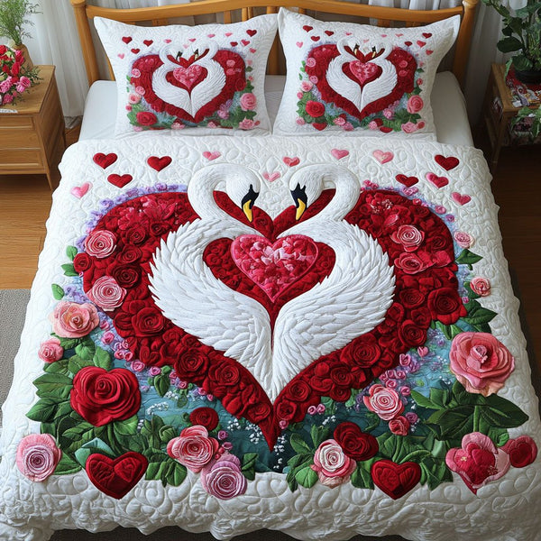 Elegant Pair quilted 3-piece bedding set on a made bed with two matching pillow shams