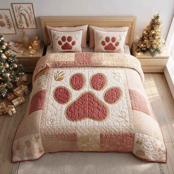 Elegant Paw quilted 3-piece bedding set on a made bed with two matching pillow shams