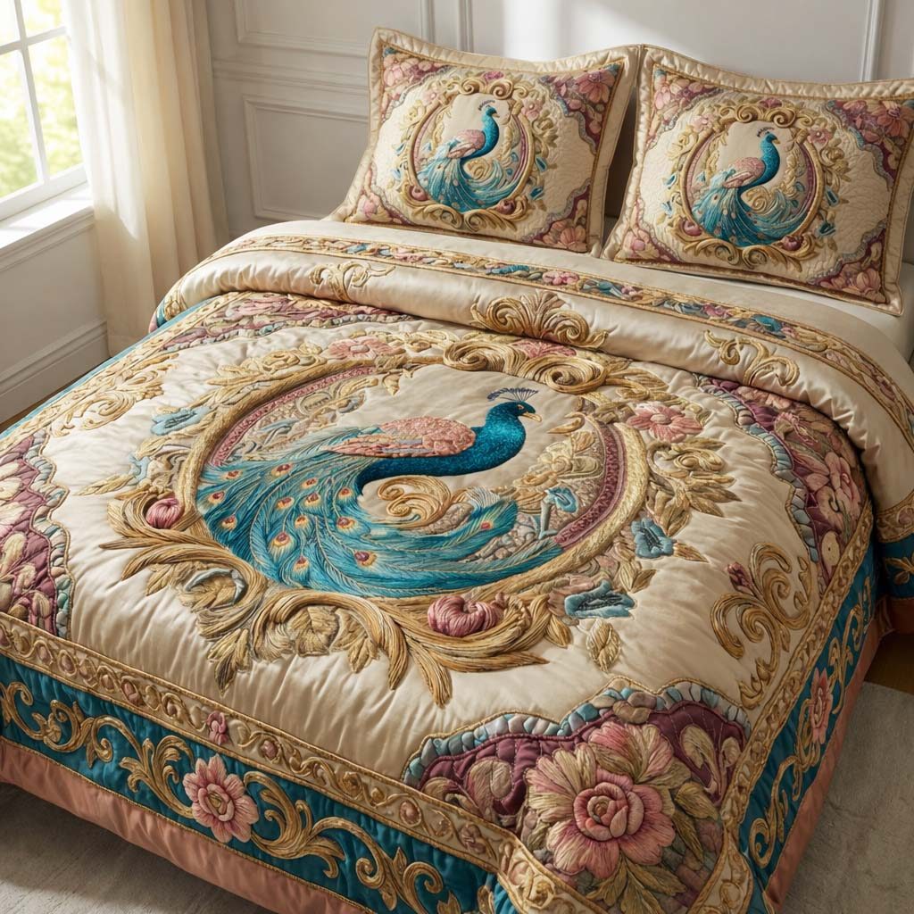 Elegant Peacock quilted 3-piece bedding set on a made bed with two matching pillow shams