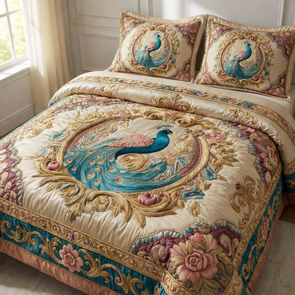 Elegant Peacock quilted 3-piece bedding set on a made bed with two matching pillow shams