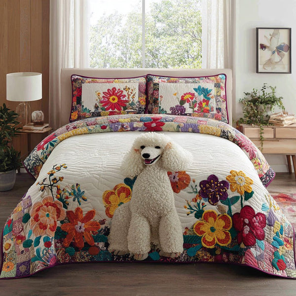 Elegant Poodle quilted 3-piece bedding set on a made bed with two matching pillow shams