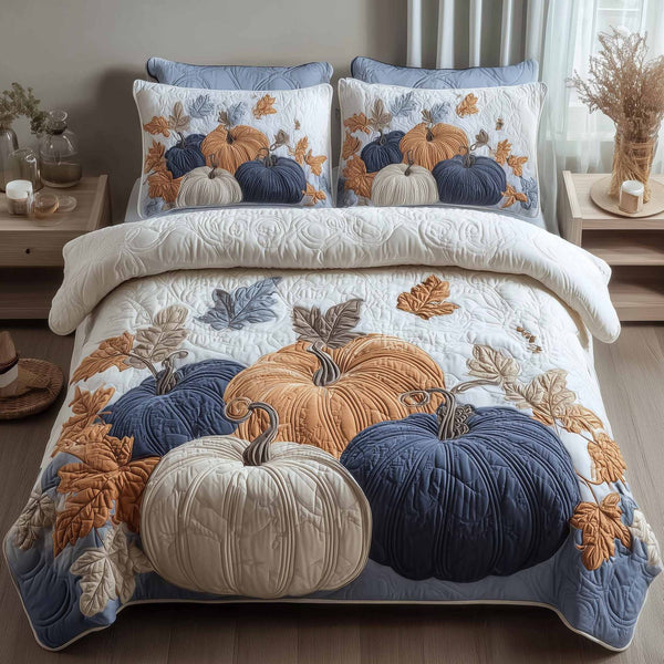 Elegant Pumpkin quilted 3-piece bedding set on a made bed against a dark styled interior