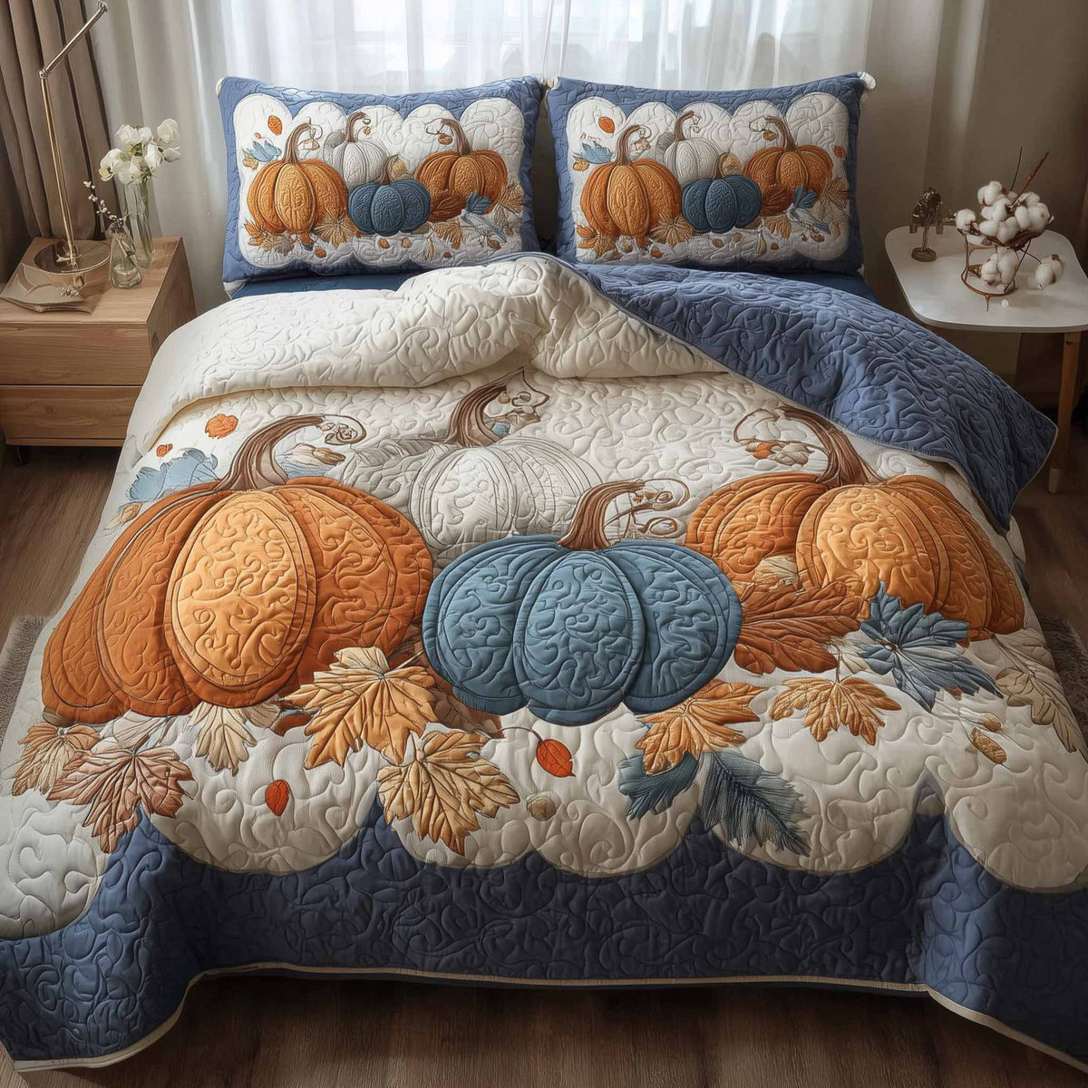 Elegant Pumpkin quilted 3-piece bedding set on a made bed against a dark styled interior