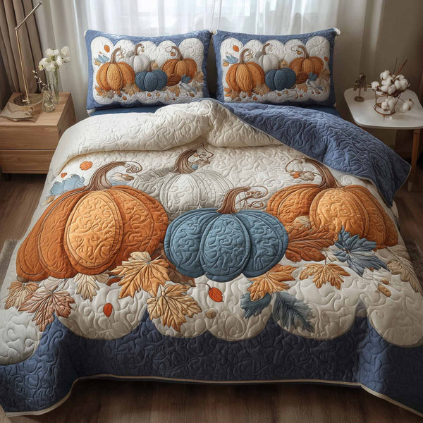 Elegant Pumpkin quilted 3-piece bedding set on a made bed against a dark styled interior