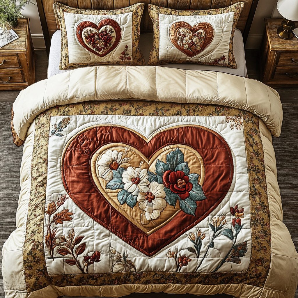 Elegant Romance quilted 3-piece bedding set on a made bed with two matching pillow shams