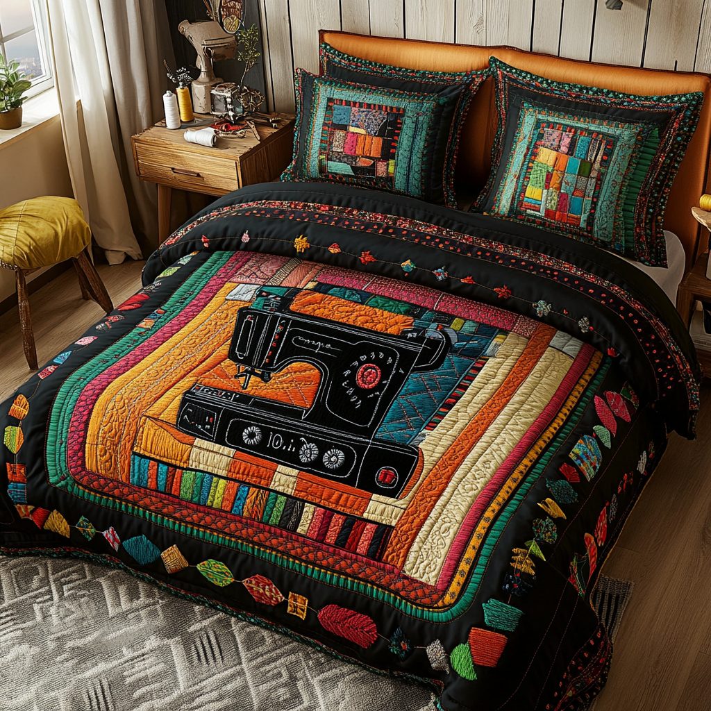Elegant Sewing Machine quilted 3-piece bedding set on a made bed with two matching pillow shams