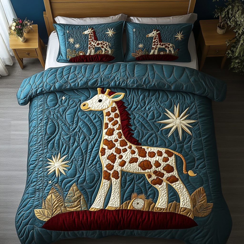 Elegant Stride quilted 3-piece bedding set on a made bed with two matching pillow shams