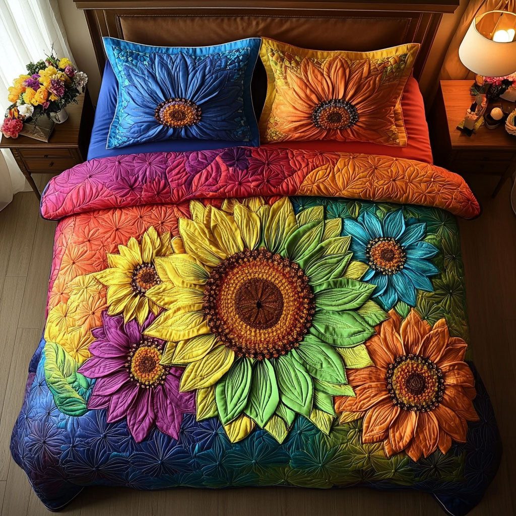 Elegant Sunflowers quilted 3-piece bedding set on a made bed with two matching pillow shams