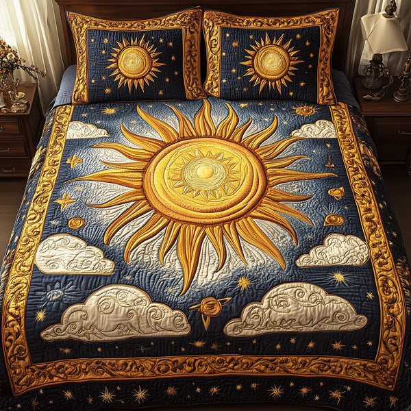 Elegant Sunshine quilted 3-piece bedding set on a made bed with two matching pillow shams