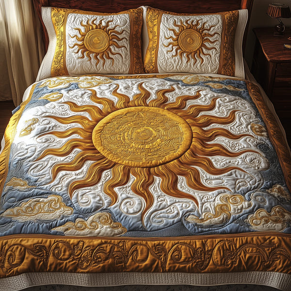Elegant Sunshine quilted 3-piece bedding set on a made bed with two matching pillow shams