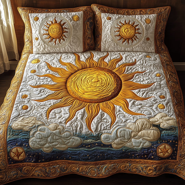 Elegant Sunshine quilted 3-piece bedding set on a made bed with two matching pillow shams