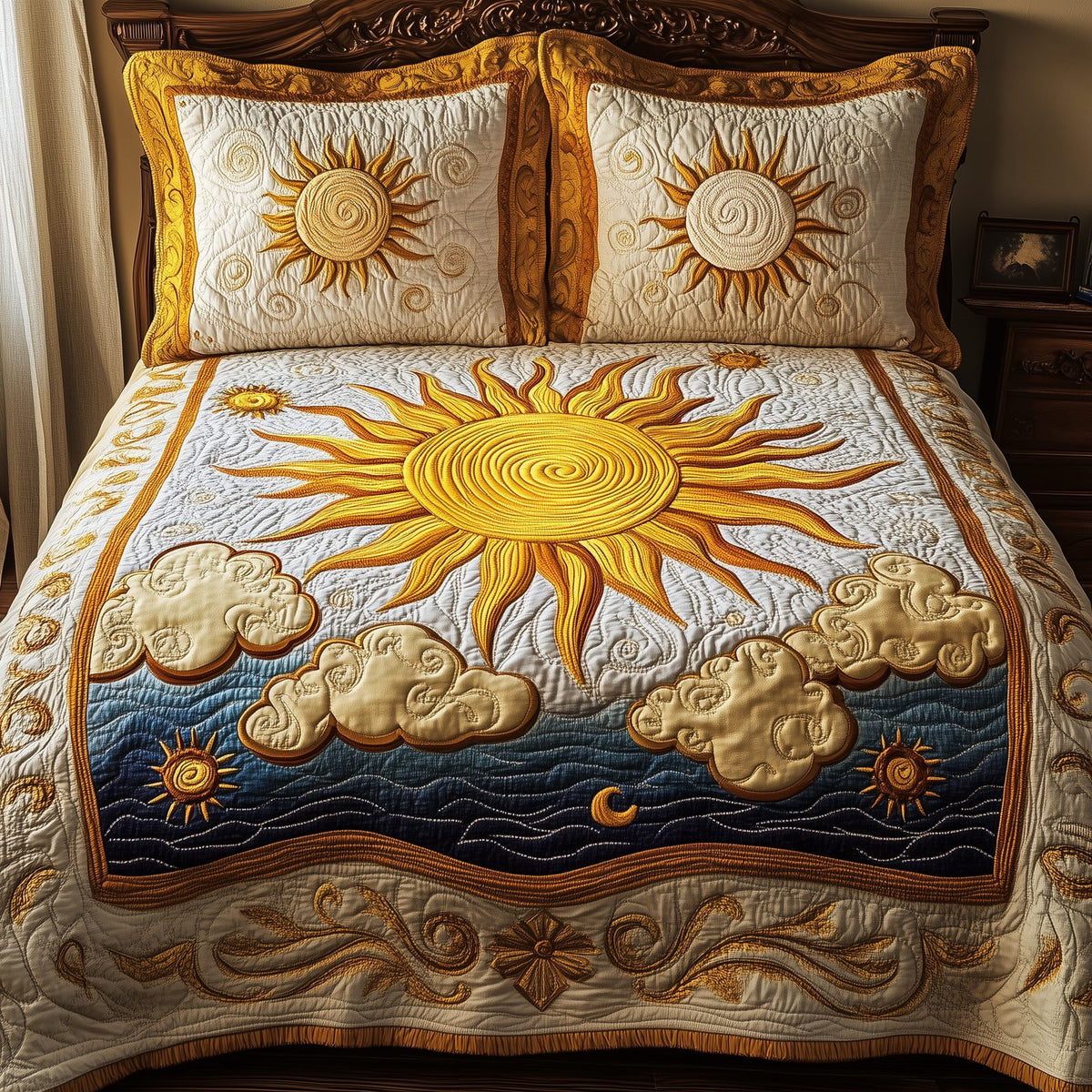 Elegant Sunshine quilted 3-piece bedding set on a made bed with two matching pillow shams
