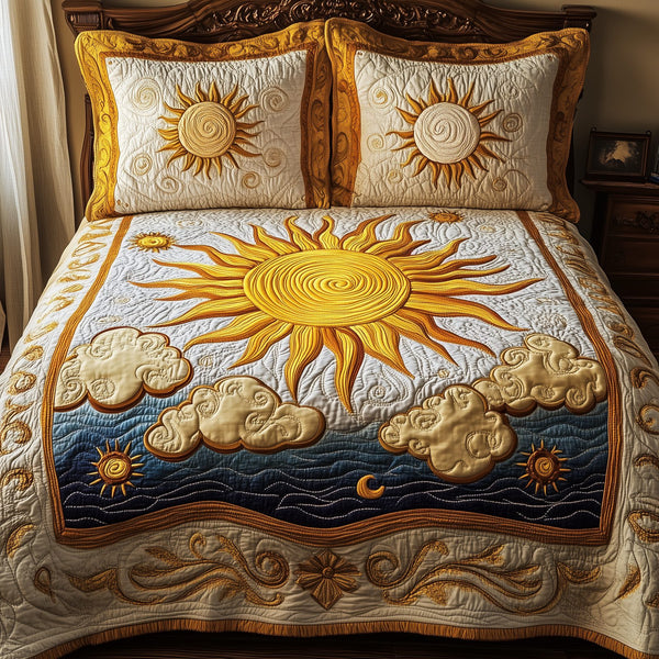 Elegant Sunshine quilted 3-piece bedding set on a made bed with two matching pillow shams