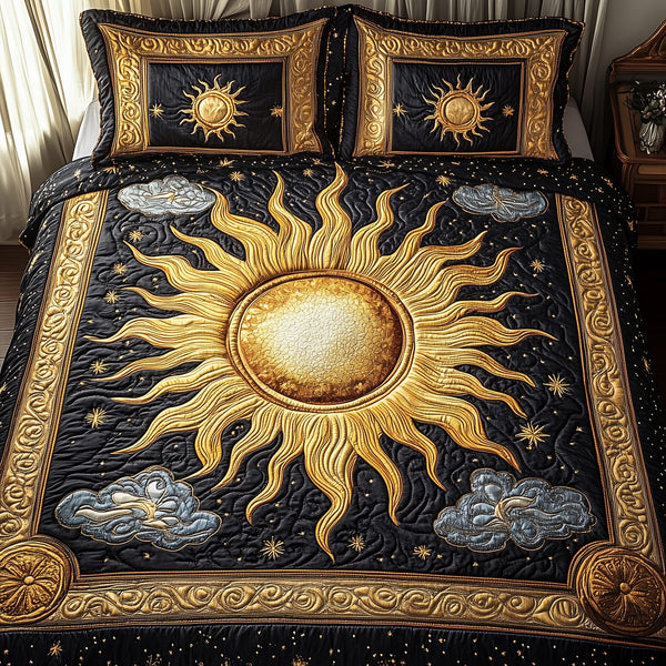 Elegant Sunshine quilted 3-piece bedding set on a made bed with two matching pillow shams