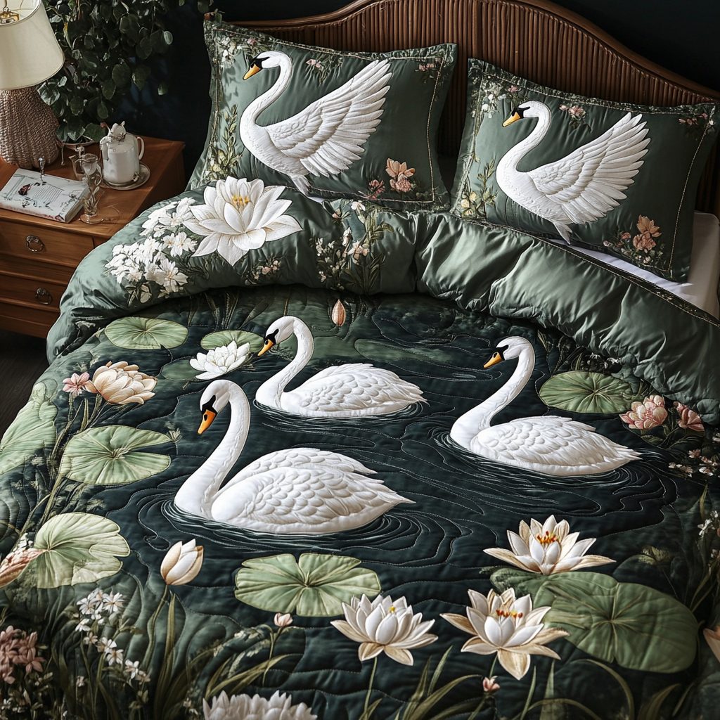 Elegant Swan quilted 3-piece bedding set on a made bed with two matching pillow shams