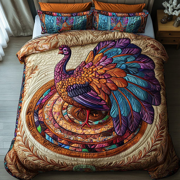 Elegant Turkeys quilted 3-piece bedding set on a made bed with two matching pillow shams
