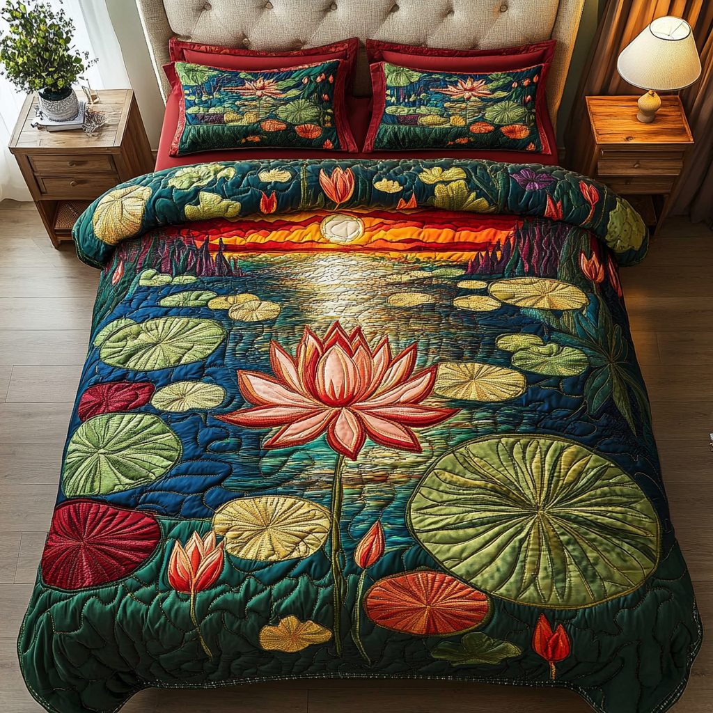 Elegant Waters quilted 3-piece bedding set on a made bed with two matching pillow shams