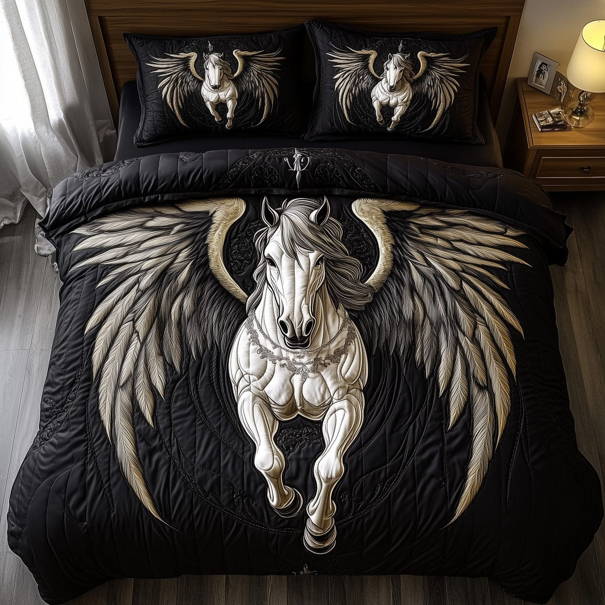 Elegant White Horse quilted 3-piece bedding set on a made bed in a rustic timber bedroom