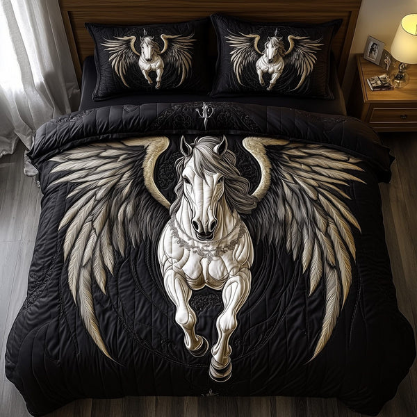 Elegant White Horse quilted 3-piece bedding set on a made bed in a rustic timber bedroom