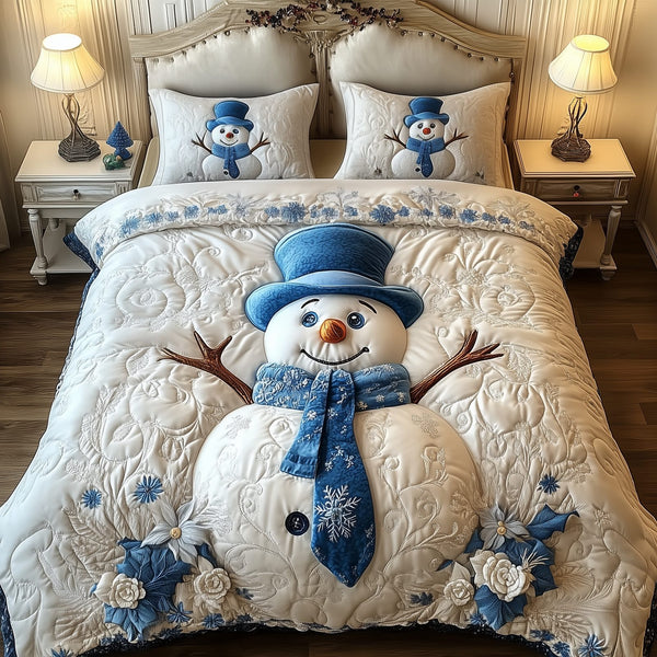 Elegant Winter Snowman quilted 3-piece bedding set on a made bed in a winter-styled bedroom