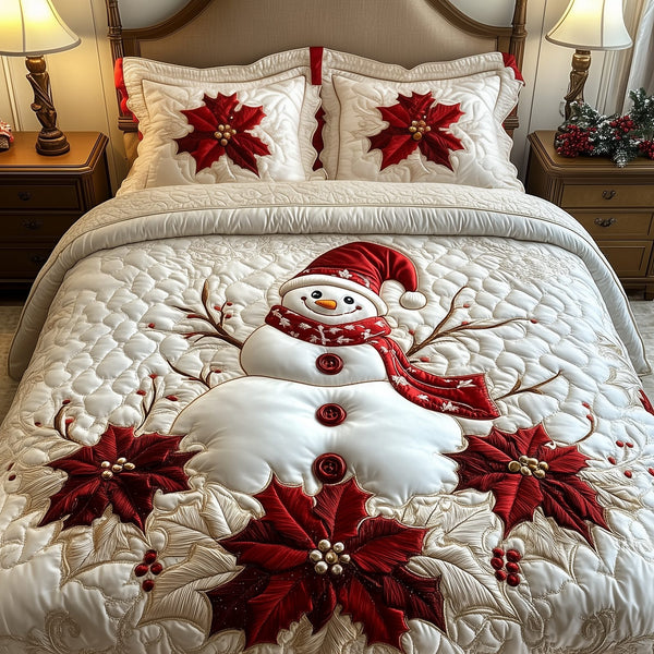 Elegant Winter Snowman quilted 3-piece bedding set on a made bed in a winter-styled bedroom