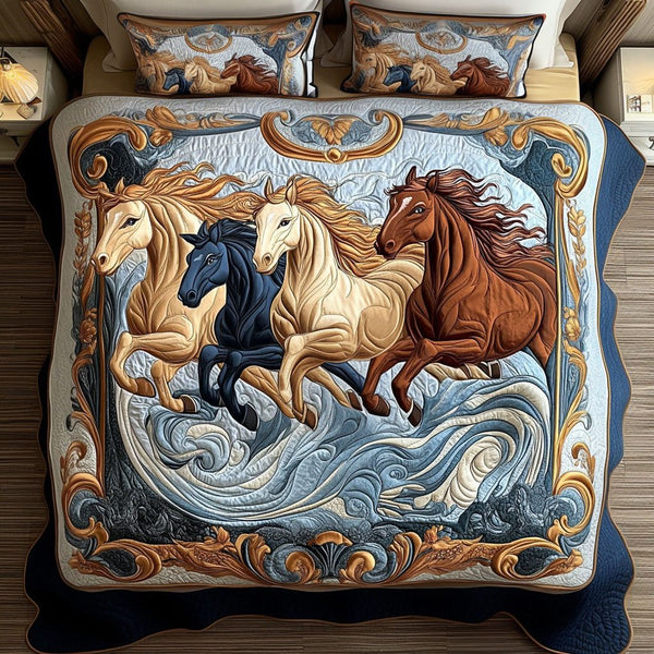 Elemental Quartet quilted 3-piece bedding set on a made bed with two matching pillow shams