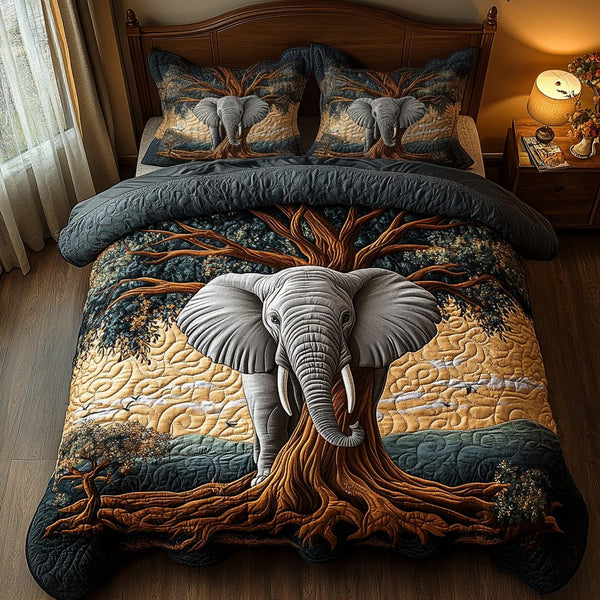 Elephant Baobab quilted 3-piece bedding set on a made bed with two matching pillow shams