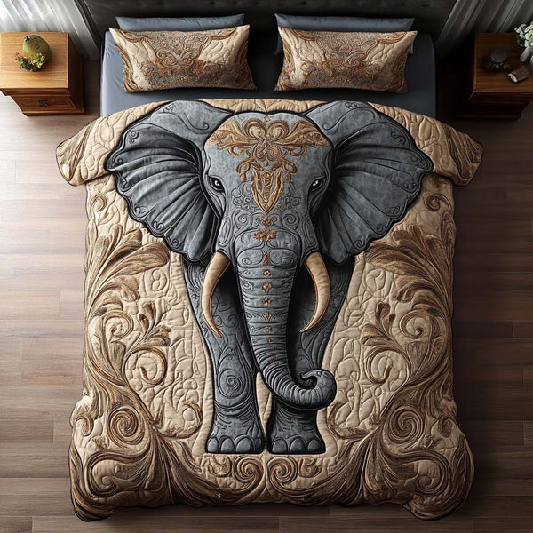 Elephant Blossom quilted 3-piece bedding set on a made bed with two matching pillow shams