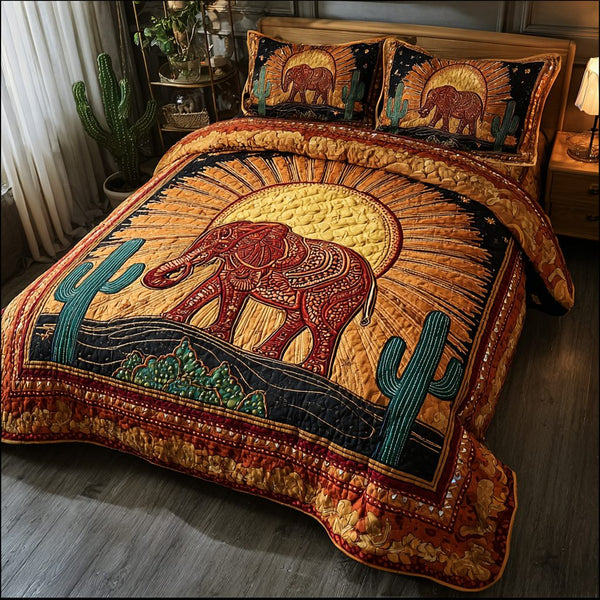 Elephant Design quilted 3-piece bedding set on a made bed with two matching pillow shams