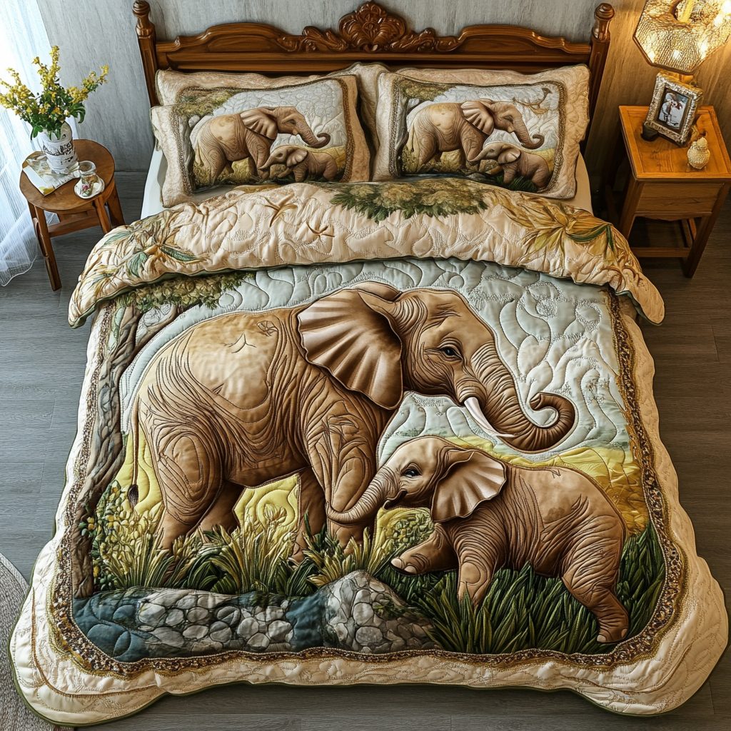 Elephant Dream quilted 3-piece bedding set on a made bed with two matching pillow shams