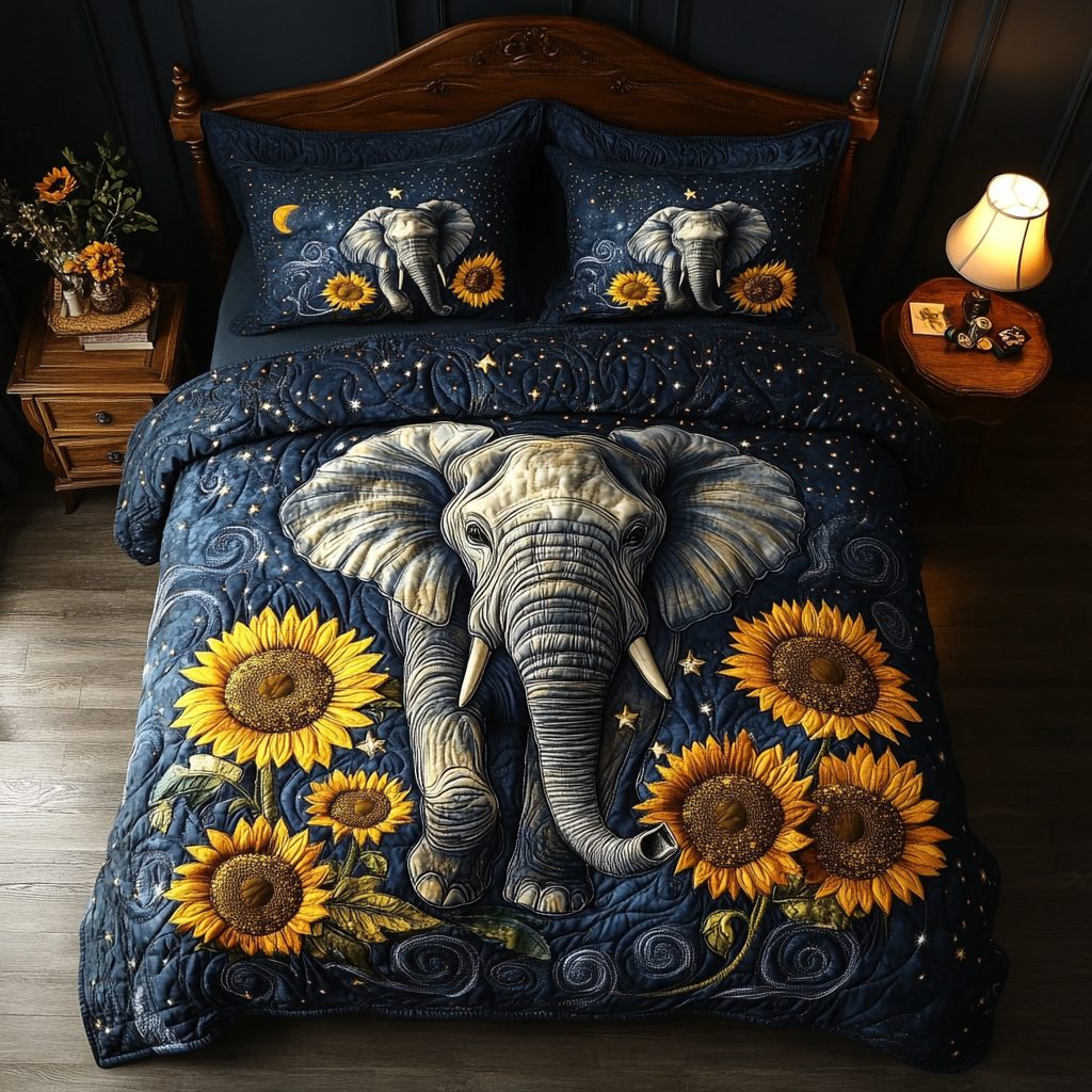 Elephant Dream quilted 3-piece bedding set on a made bed with two matching pillow shams