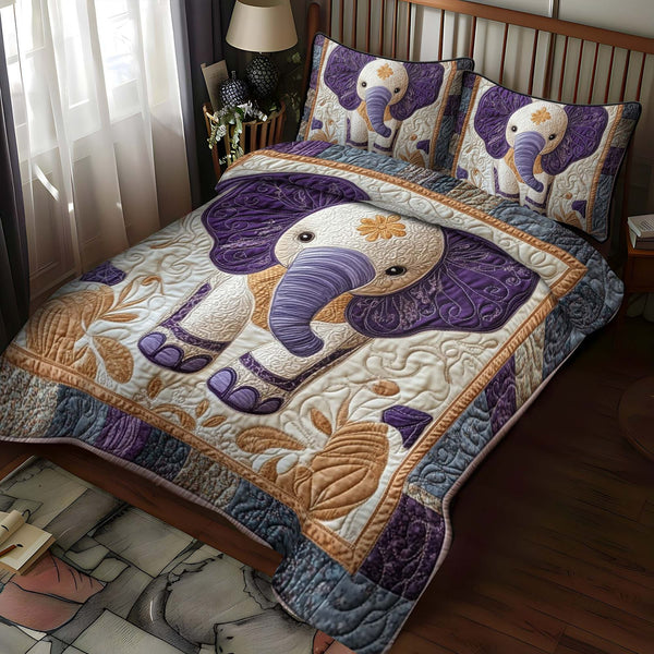 Elephant Dreams quilted 3-piece bedding set on a made bed with two matching pillow shams