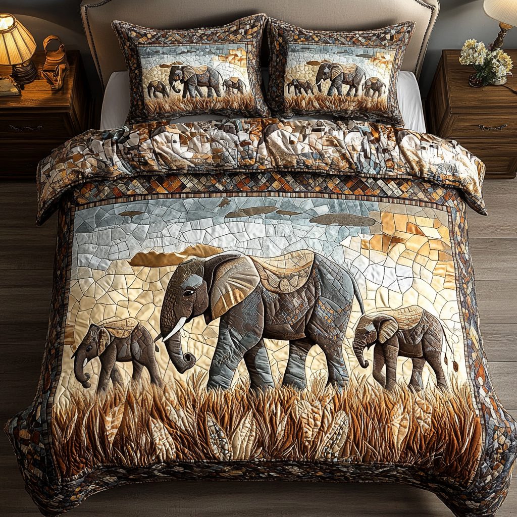 Elephant Dreams quilted 3-piece bedding set on a made bed with two matching pillow shams