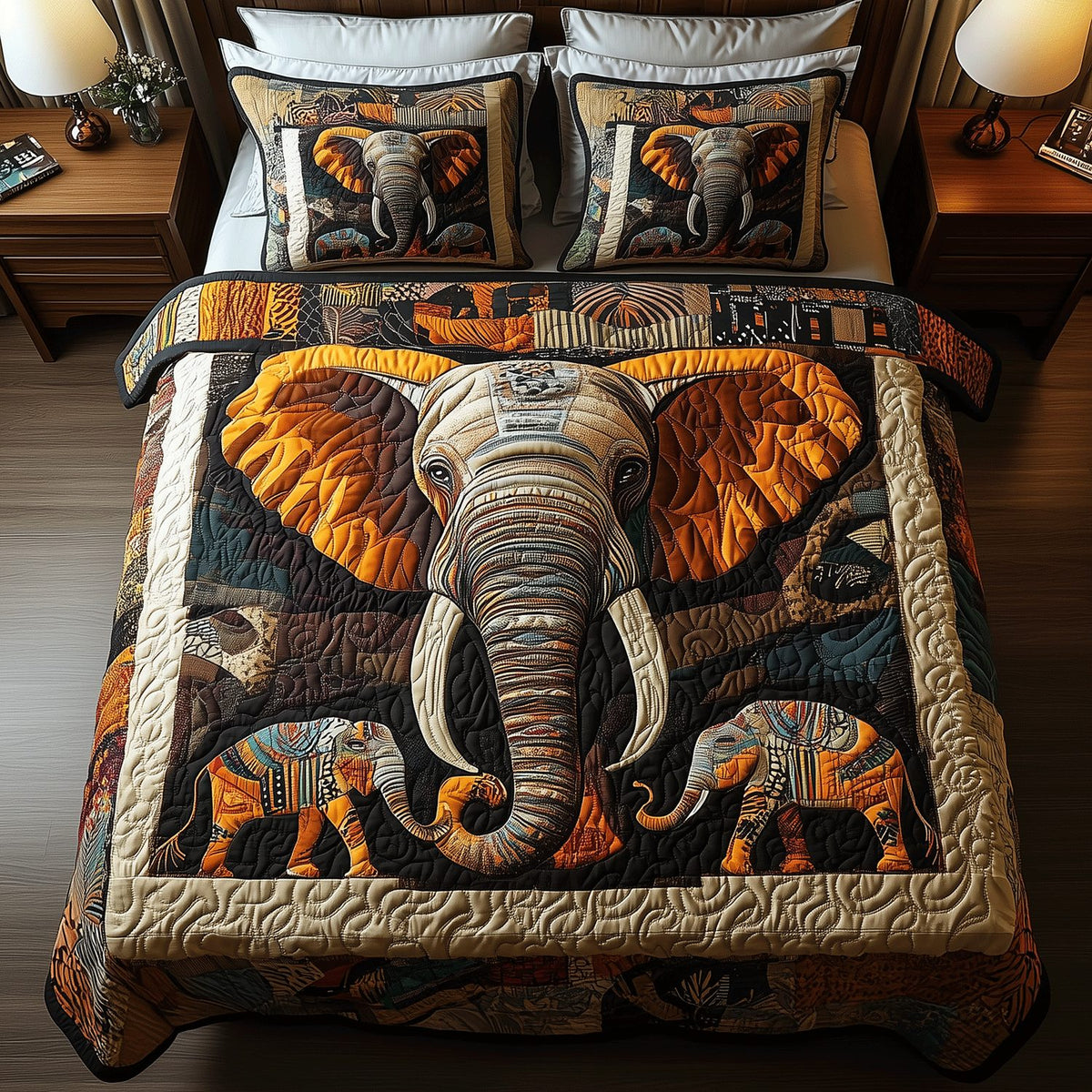 Elephant Essence quilted 3-piece bedding set on a made bed with two matching pillow shams
