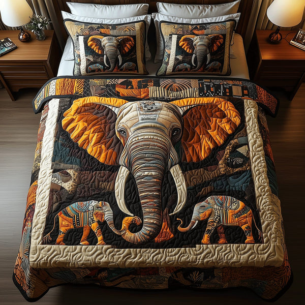 Elephant Essence quilted 3-piece bedding set on a made bed with two matching pillow shams