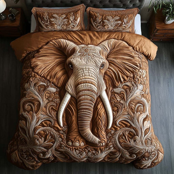 Elephant Family quilted 3-piece bedding set on a made bed with two matching pillow shams