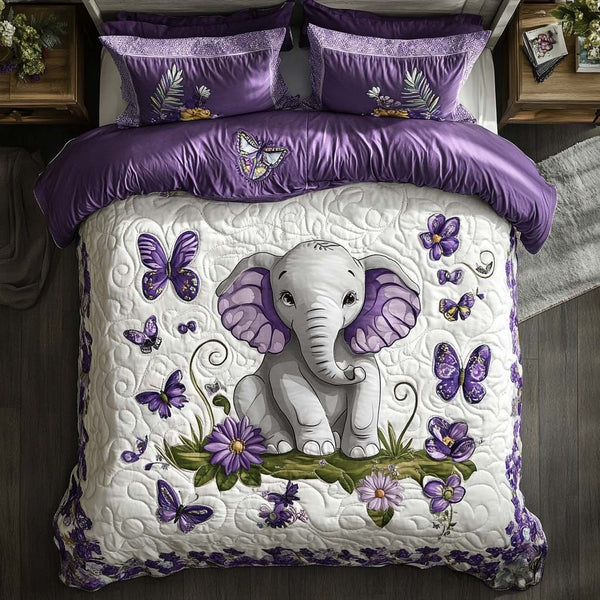 Elephant Forest Stroll quilted 3-piece bedding set on a made bed with two matching pillow shams