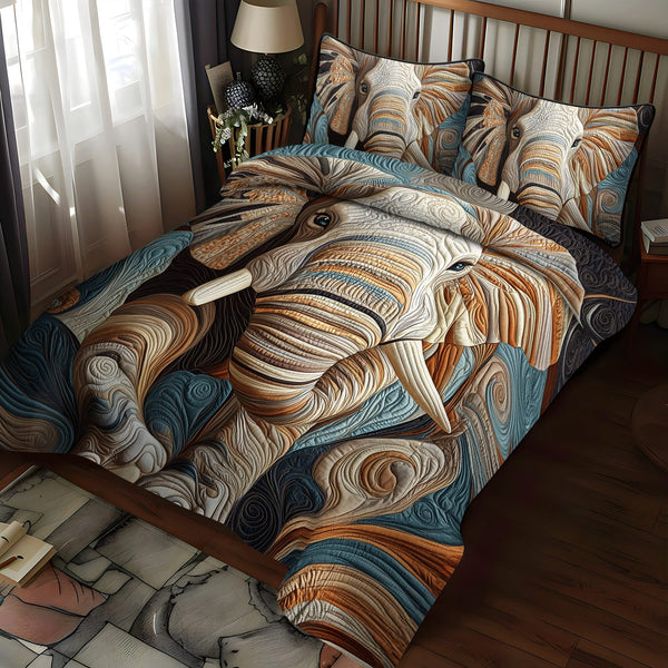 Elephant Grace quilted 3-piece bedding set on a made bed with two matching pillow shams