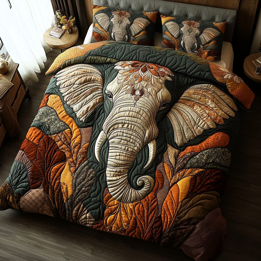 Elephant Grace quilted 3-piece bedding set on a made bed with two matching pillow shams